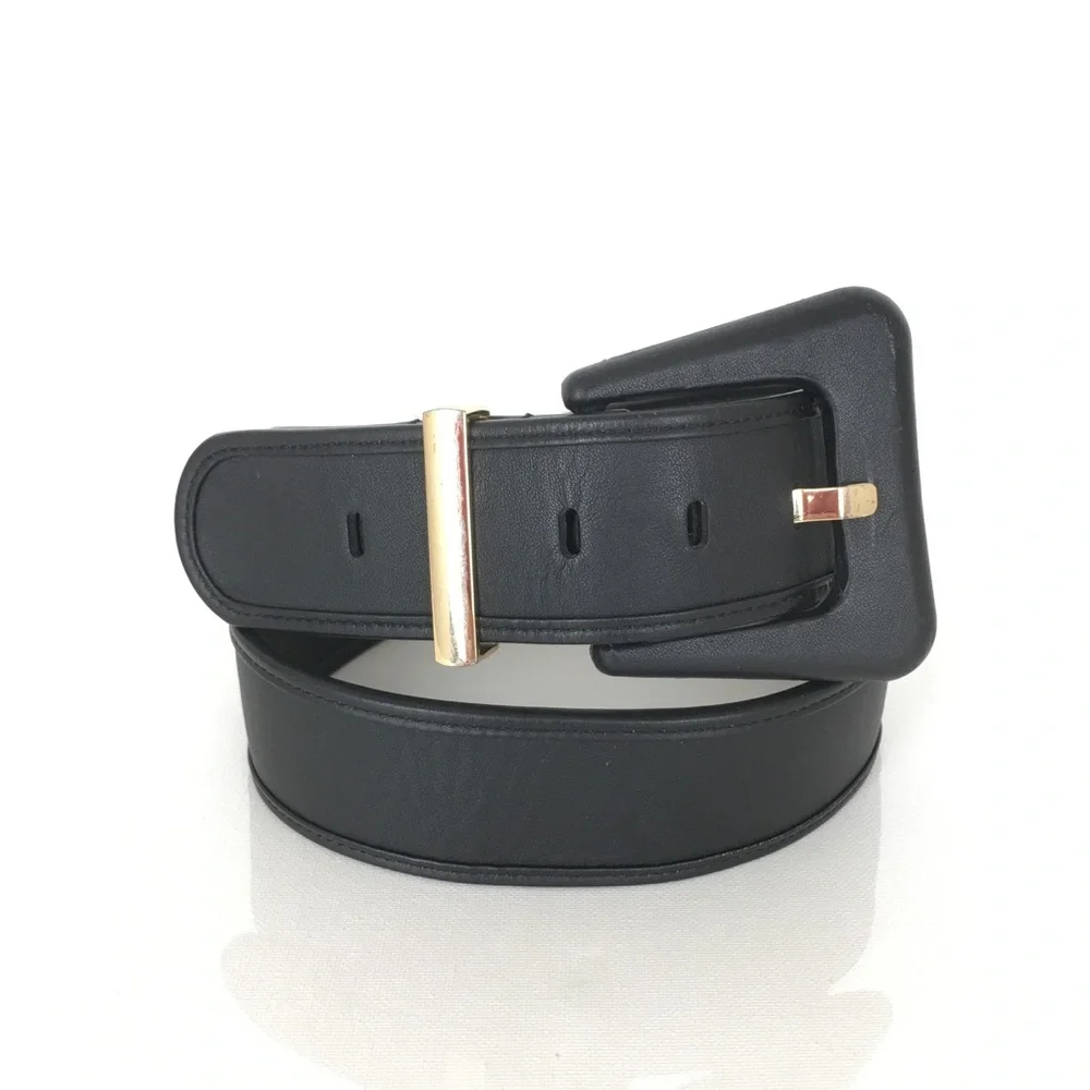CAbi “Boss” Wide Leather Belt Black Women’s Size M Gold Buckle Preppy Minimalist